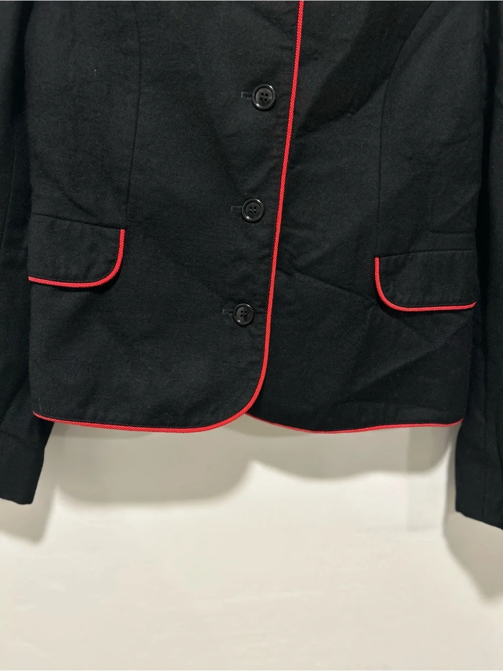 Vintage 60’s Handmacher 100% Wool Black Red Piping Blazer Jacket Size 6 EUC